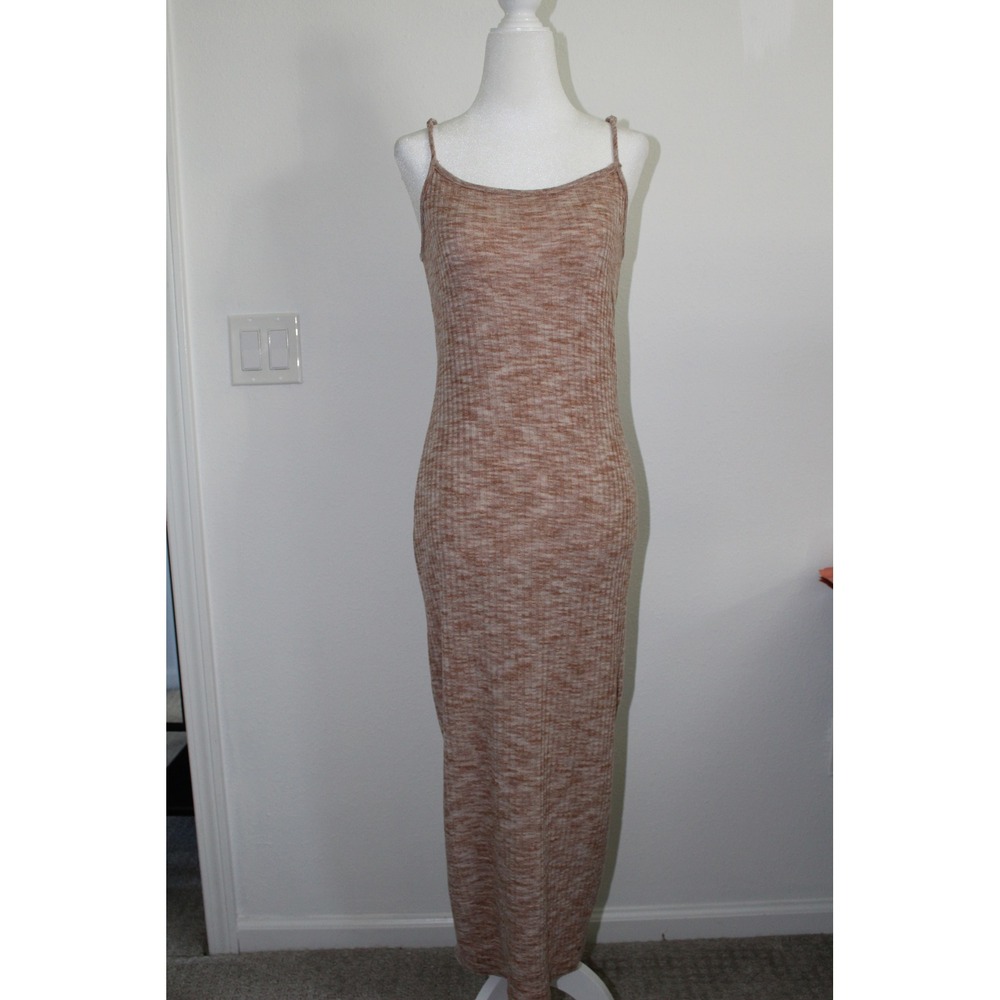Hailey & Co Tan Space Dye Ribbed Knit Spaghetti Strap Bodycon Maxi Dress‎ Small